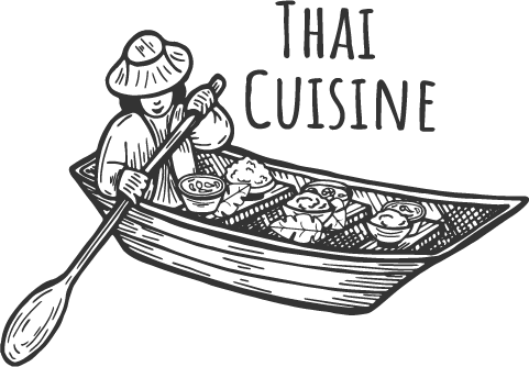 Skizzengrafik mit einer thailändischen Frau in einem Boot und landesübliche Gerichte